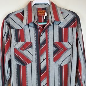 VTG 80s Rustler XLong Tail Western Stripe Black Pearl Snap Button Up Shirt 16
